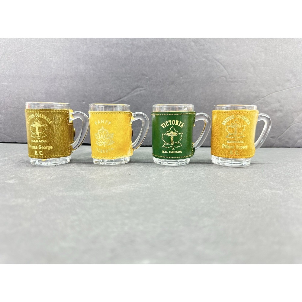 Vintage France Glass Leather Wrapped Mini Mugs Canada Souvenir Set of 4